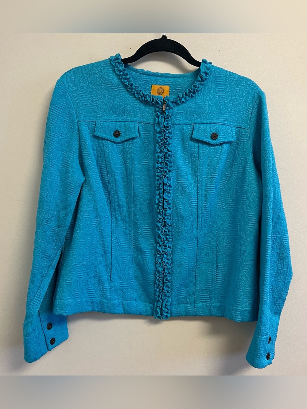 Women’s Jacket Turquoise Ruffle-Trim Zipper Ruby Rd. Cotton Poly Blend Size 14